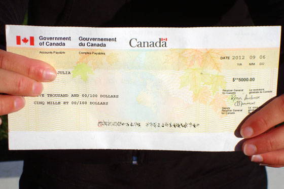 Cheque from the government of Canada