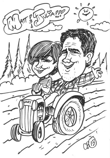 Carticature of man and woman driving a tractor