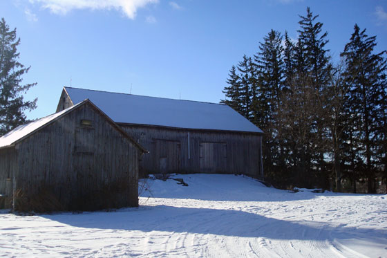 Barns on a sunny, snowy winter morning