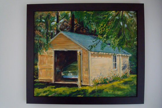 Painting of a sun-dappled garage