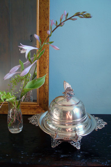 Butterfly topped silver butter dish
