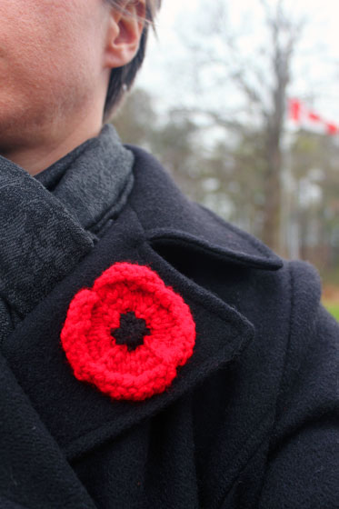 Knitting poppy for Remembrance Day