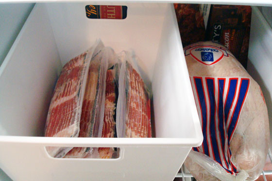 Bacon in the freezer storage bin