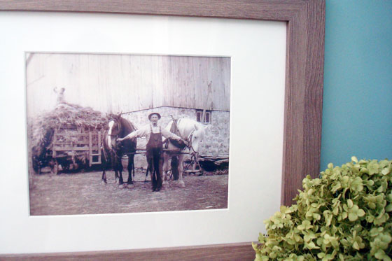 Vintage family photos displayed in the guest room