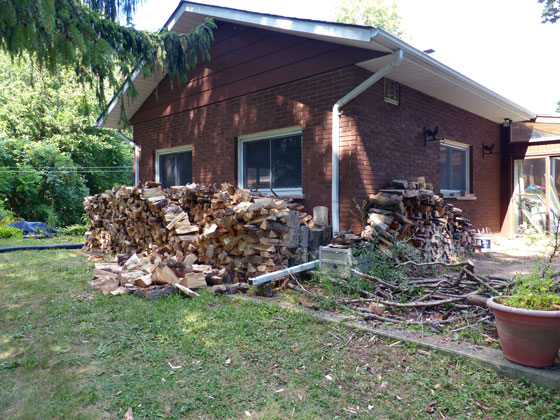 Collapsed firewood piles