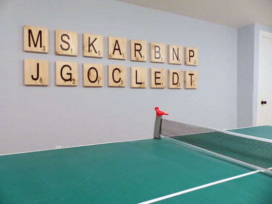 Oversize scrabble tiles as art in the game room