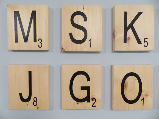 Oversize scrabble tiles as art in the game room