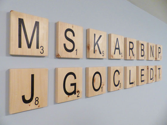 Oversize scrabble tiles as art in the game room
