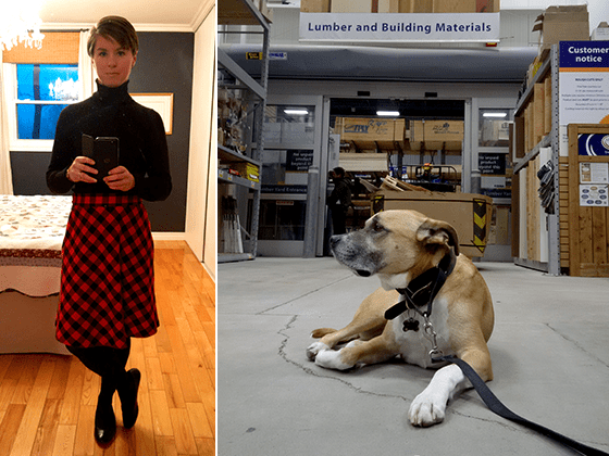 New buffalo check plaid skirt and shopping with my dog at Rona