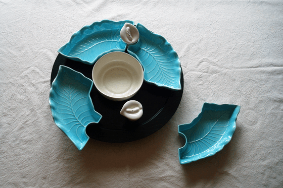 Blue leaf serving dishes
