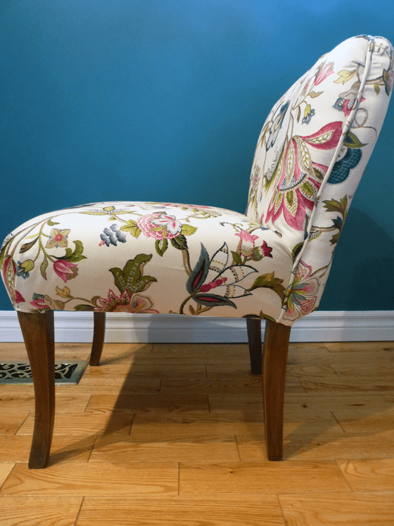 Slipper chair upholstered in Brissac Jewel by P Kaufmann Fabric