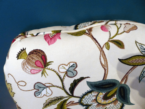 Slipper chair upholstered in Brissac Jewel by P Kaufmann Fabric