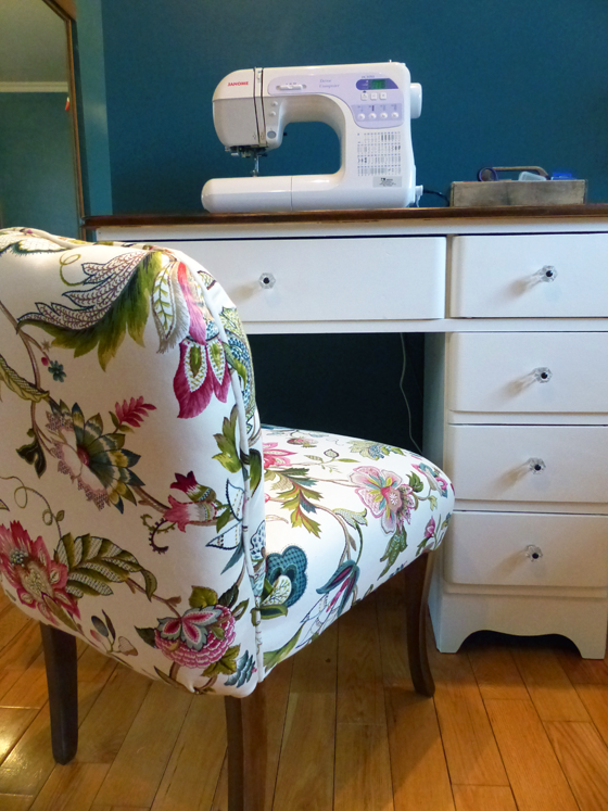 Slipper chair upholstered in Brissac Jewel by P Kaufmann Fabric