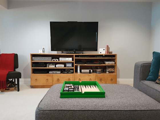 TV cabinet with multiple video game systems