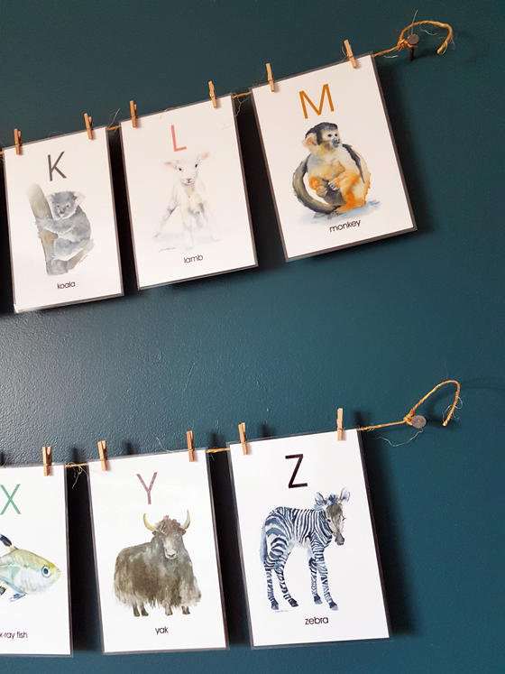 Alphabet flashcards hung on a twine clothesline