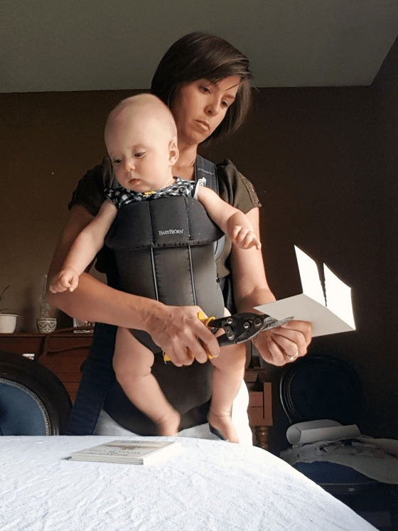 Making bookends while wearing the baby