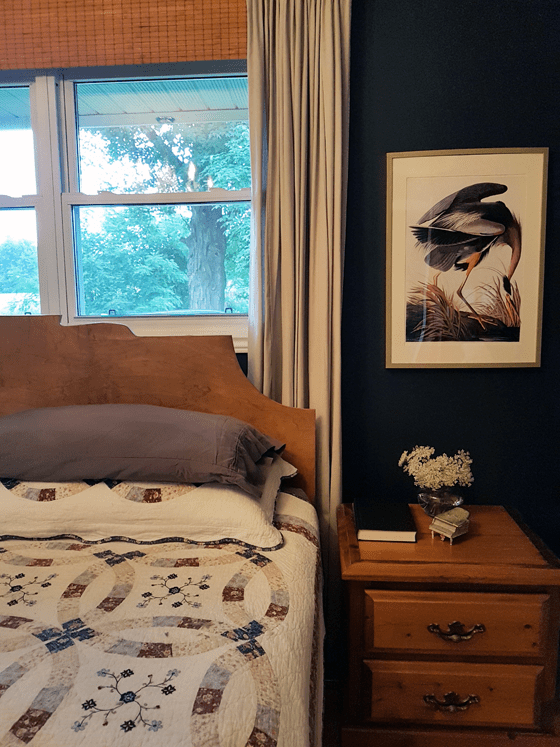Audubon print of a heron in my bedroom