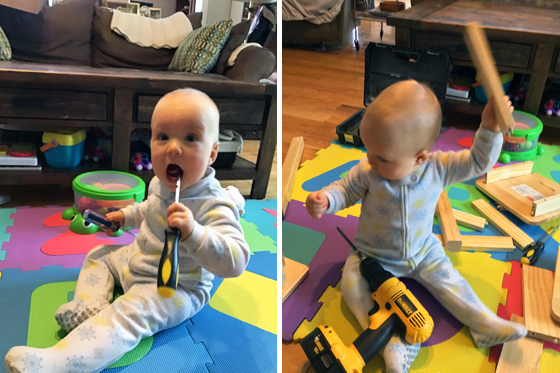 Baby playing with screwdriver and drill