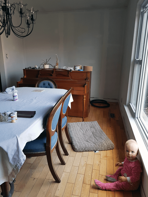 Ellie in the primed dining room