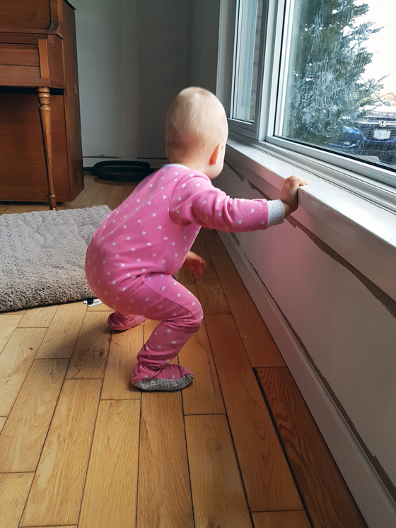 Baby inspecting the primed dining room