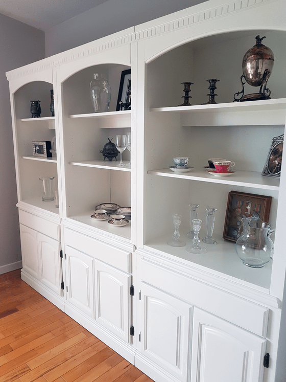 Vintage shelving unit used as a china cabinet