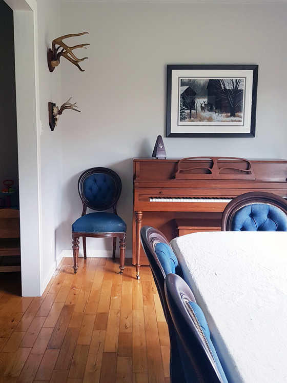 Two sets of antlers hanging in the dining room