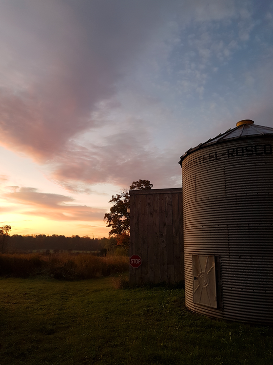 The silo at sunrise in the fall