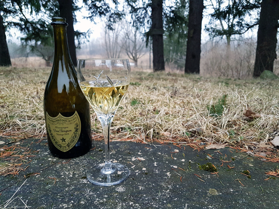 Glass of champagne on the patio