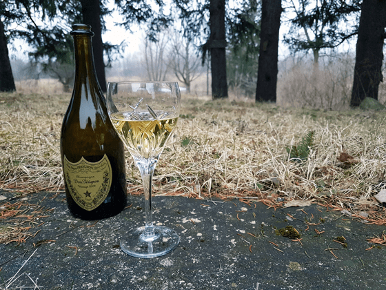 Glass of champagne on the patio